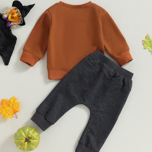 Baby Boy Fall Clothes Toddler Boy Halloween Outfit Patch Pumpkin Sweatshirt Long Sleeve Shirt Top (Brown, 2-3 Years)3