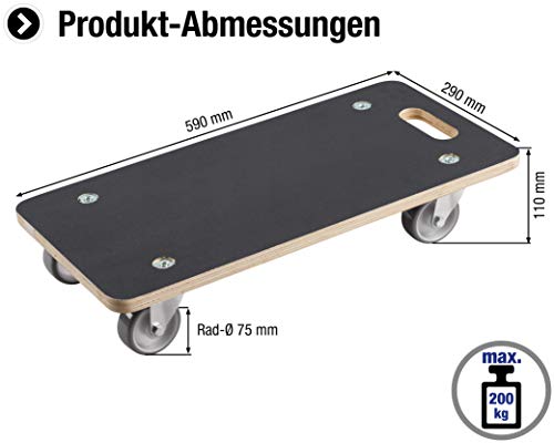 Meister Transportroller 590 x 290 mm - 200 kg Tragkraft - Siebdruckplatte - PU-Räder / Möbelroller / Transporthilfe für Umzug / Rollwagen für Möbel-Transport / Kistenroller / 822010