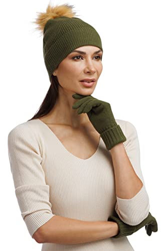 Fishers Finery Women's Cashmere Pom Hat and Glove Set; Gift Box (Olive)