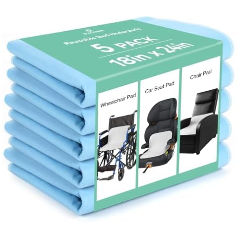 SOLOSHINE Bed Pads Washable Waterproof, 18" x 24" (5 Pack) Incontinence Bed Pads, Waterproof Chair Pads for Incontinence, Perfect for Car Seat, Sofa, Lift Chair, Wheelchair Cover