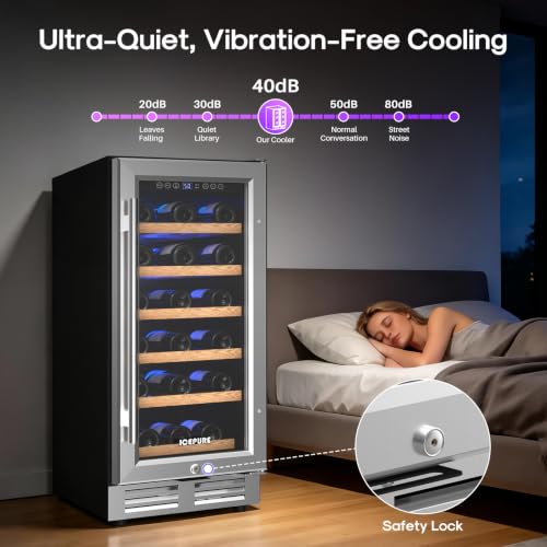 Image of ICEPURE 15 Inch Wine Fridge, Under Counter Small Wine Cooler Refrigerator | 28 Bottle, 41-65℉ Control, Double-layer Glass Door, Removable Shelves, Freestanding or Built-in for Home Kitchen Bar Office