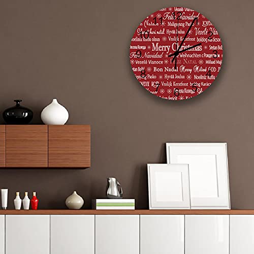 Colorsum Silent Round Wall Clock Christmas Multilingual Merry Christmas Red Background Quality Quartz Battery Operated Wall Clocks，Bedroom Decorative Round Wall Clock 11.8 Inch #TOP1