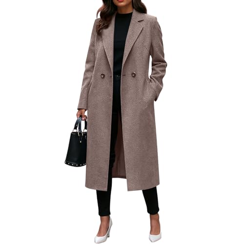 Wollmantel Damen Lang Tailliert Übergangsmantel Damen Warm Blau Jacken Klassisch Herbst Trenchcoat Modisch 2#Kaffee M