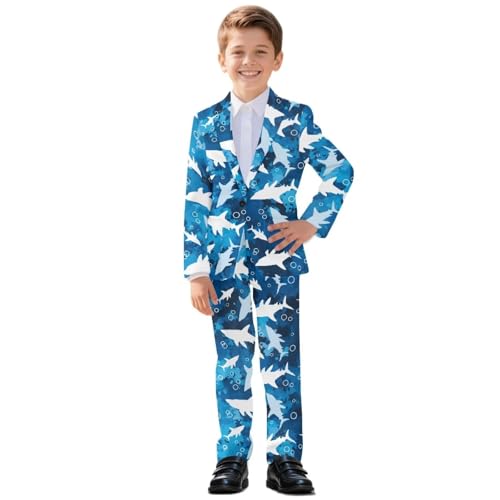 Yewattles Boys 2026 Fashion Blazer Suit 2 Piece Slim Fit Kids Stretchy Formal Outfit Set with Blazer Dress Pant Tie for Party Outdoor Shark