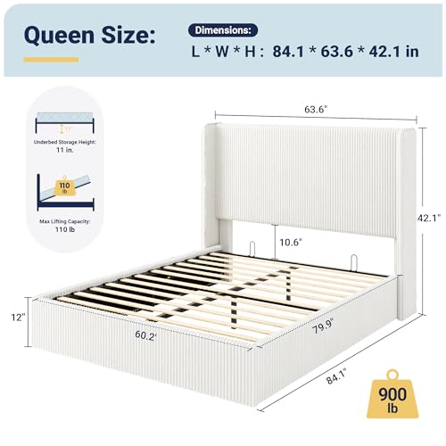 Image of Allewie Queen Lift-Up Storage Bed Frame, Corduroy Wingback Headboard, White