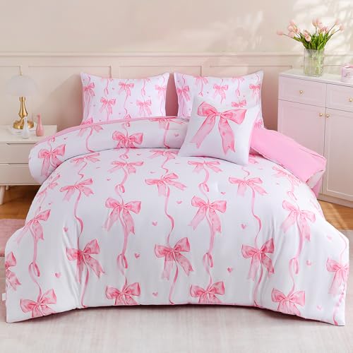 Image of DORCAS Bow Full Size Comforter Set for Girls,6 Pieces Bed in A Bag Pink Bow Bedding Sets with Sheets for Kids