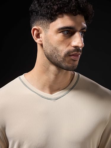 Image of TECHNOSPORT Men Polyester Slim Fit Full Sleeve Solid Textured V-Neck T-Shirt with Anti Microbial, SPF50+ Protectial for Regular Use, Gym and Workout
