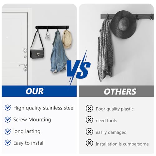 pzihao 2 Stück Hakenleiste Küchenhaken, Kleiderhaken Wandhaken Garderobenhaken Schwarz, Edelstahl Garderobenleiste mit 4 Haken zum Einhängen Mäntel Hüte Jackenaufhänger, Metall Wall Coat Hooks