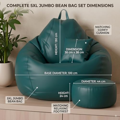 Image of KAM'S LIEU 6XL Jumbo Premium Bean Bag Chair with Footrest & Cushion | Filled with High Density EPS Beans | Comfortable Sofa for Living Room & Bedroom | 6 Months Warranty, Color- (Teal, 6XL, Premium)