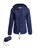 iWoo Damen Übergangsjacke Wasserdicht Leichte Jacke Sommerjacke Kurz Softshelljacken Grau Regenmantel Faltbar Funktionsjacke mit Kapuze (Navy Blau,L)