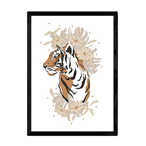 Nacnic Visage de Tigre Poster Feuille Animaux de la Jungle avec des Fleurs et de Verdure. Animaux Sauvages décoration aux Tons Floraux. Format A3