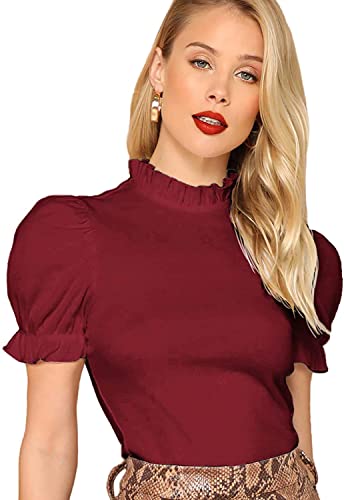 Image of Shasmi Women's & Girl's Polyester Pleated High Neck Short Puff Sleeve Ruched Bust Solid Regular Fit Top