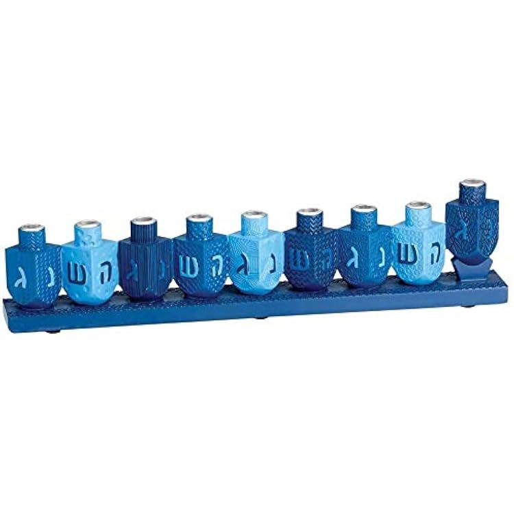 Rite Lite Blue Dreidels Menorah Modern Hanukkah Centerpiece Jewish Holiday Party Favor Decor | Resin Fits Most Chanukah Candles, Elegant Judaica Decor Festival of Lights Hostess Gifts 11.50 H