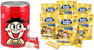 WANT WANT Milk Candy & White Cheddar Toddler Mum-Mum Wafer Sticks | Creamy Asian Milk Candy | Collectible Tin | Gluten-Free White Cheddar Wafer Sticks | Individually Wrapped for Sharing