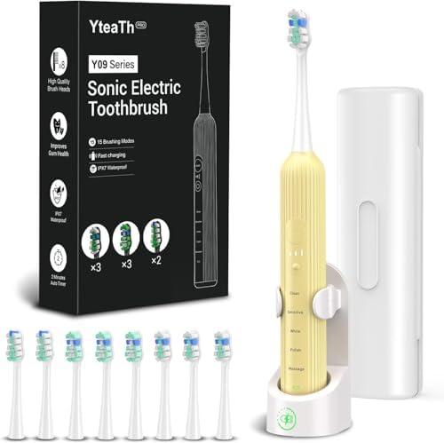 Brosse à dents sonique électrique pour adultes et enfants, 5 modes de brossage avec 3 niveaux d'intensité, minuterie, 8 têtes de brosse de rechange et...