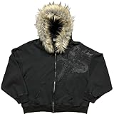 ITHAFE Men's Fur Zip Up Fashion Hoodies Oversize Sweatshirts Y2k Emo Jacket Graphic Vintage Scene Goth Grunge Clothes (Black,Medium)