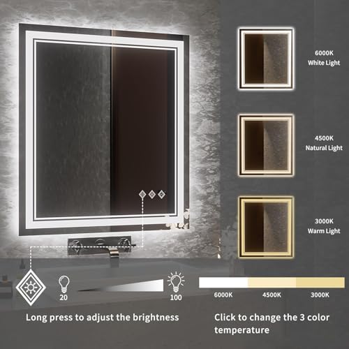 Image of Bathroom Mirror, 32x36 Inch Gradient Front and Backlit LED Mirror for Bathroom, 3 Colors Dimmable CRI>90 Double Lights, IP54 Enhanced Anti-Fog, Hanging Plates Wall Mount LED Mirror