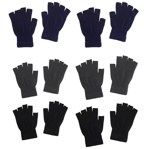 FUIPVGI 6 Pares Guantes sin Dedos Guantes de Medio Dedo Guantes sin Dedos Hombre Invierno Confortables Calientes Guantes de Punto Térmico Respirable para Hombres y Mujers (3 Colores)