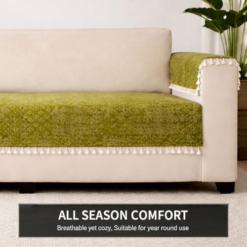 Image of STITCHNEST Woven Fabric Sofa Cover 2 Seater with 2 Hand Rest Covers - Washable Green Sofa Cover with Tassels - Durable Premium Fabric - Stylish Sofa Protector for Living Room & Furniture Decor55