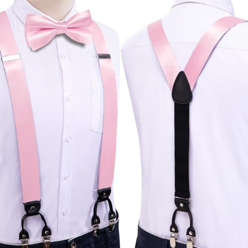 Image of Hi-Tie Men Suspender Bowtie Set Suspenders Pre-tied Bow Tie Pocket Square Cufflinks Adjustable Y Shape 6 Clips Braces Tuxedo