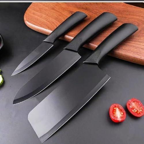 Image of Stainless Steel Knife Set - 3-Piece Chef, Utility & Paring Blades with Anti-Slip Handles & Color Coating | Sharp Kitchen Knives for Slicing, Dicing, Chopping (Black)