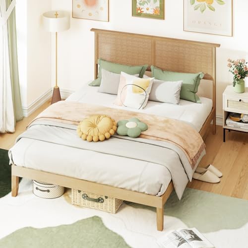 Giantex Rattan Queen Bed Frame, Boho Platform Bed with Na...