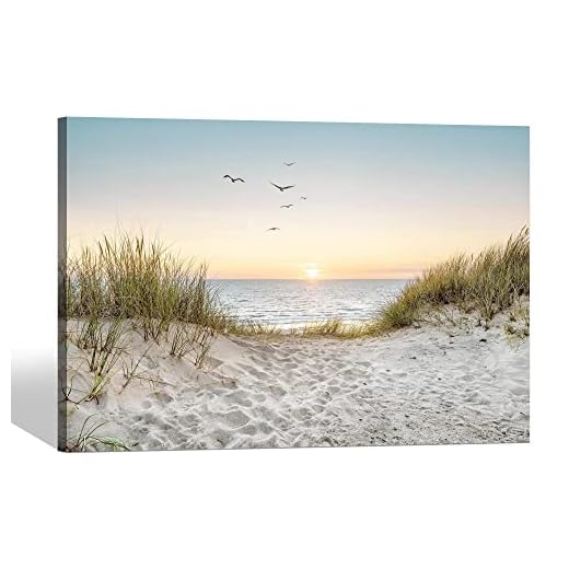 Coastal Wall Art Canvas Picture: Modern Beach Sunset Landscape Print Decor Horizontal Ocean Scene Sea Painting Seascape Seaside Seashore Artwork for Living Room Bedroom Home