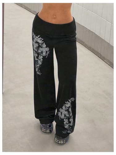 Women's Cross Print Drop Waist Pants Grunge Punk Wide Leg Casual Trousers4