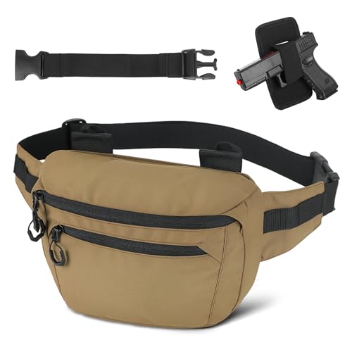 HUNTVP Tactical Fanny Pack, Concealed Carry Waist Bag for Men and Women, CCW Military Crossbody Hip Belt Bag, WR Nylon Bumbag with Pistol Holster & Adjustable Belt for EDC, Hiking, Travel, Brown by HUNTVP - Used condition - US$13.45