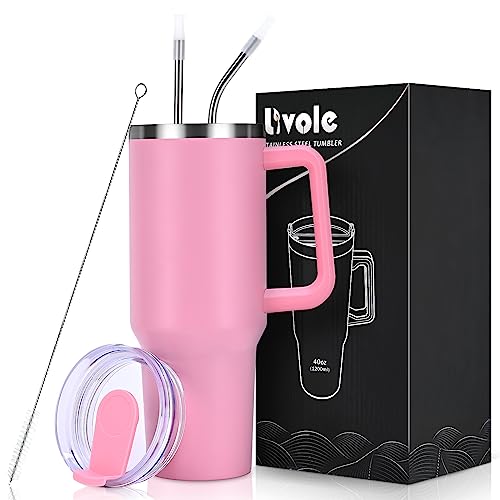 Livole 40oz 1200ml Trinkbecher mit Deckel und Strohhalm, Edelstahl Thermobecher mit Henkel, Doppelwandig Kaffeebecher to go, Vakuum Isolierter Tumbler Becher für Camping, Sport, Auto, Büro, Rosa