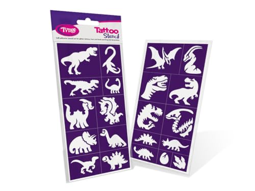 TyToo Glitzer Tattoo Schablonen Set – wiederverwendbare Vorlagen für Kinder & Erwachsene – EU-Design, hautfreundlich, perfekt für Partys, Kinderschminken & Bodypainting (Dinosaurier)