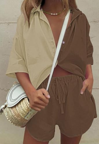 Image of Fixmatti Women 2 Piece Outfits Long Sleeve Button Down Blouse and Shorts Sweatsuit Sets