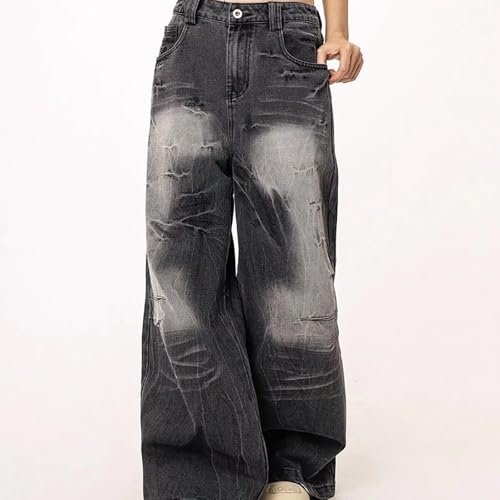 jupkem Men Y2k Low Rise Wide-Leg Jeans Baggy Casual Retro Distressed Black Pants Hip-hop Street Style Harajuku Clothing3