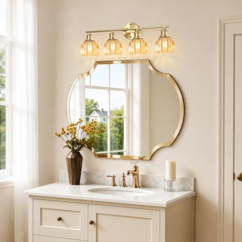 Image of Bathroom Light Fixtures, 4-Light Brushed Gold Vanity Lights for Bathroom with Amber Tulip Glass Shade, 26 inch Vintage Bathroom Vanity Lighting Fixtures Over Mirror for Bedroom Living Room Hallway