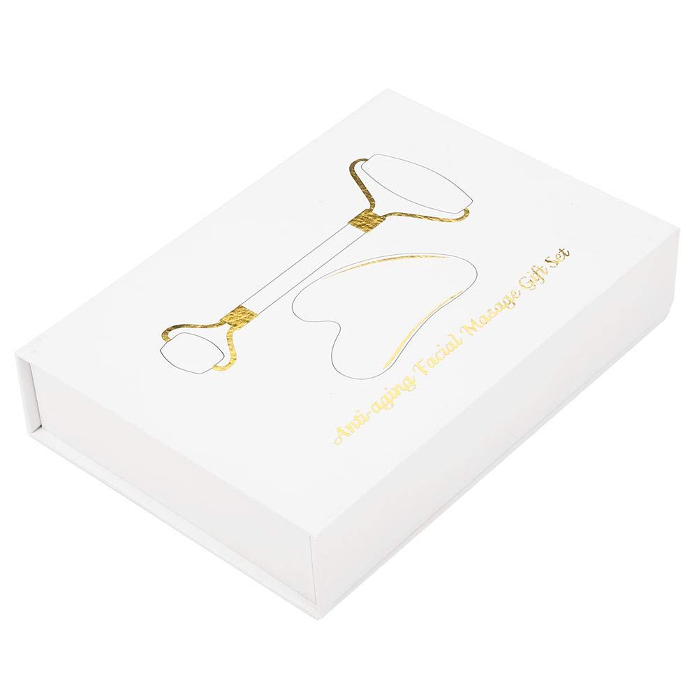 Hztyyier Herramienta de Masaje de desguace de Piedra Natural Gua Sha Tablero de Gua Sha de Cuarzo Verde con Rodillo de Jade de Doble Cabeza para Masaje Facial Relajante en el Cuello y SPA