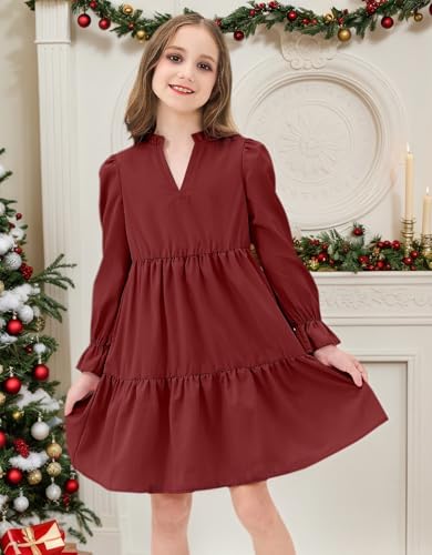 JiAmy Girls Dresses Long Sleeve V Neck Fall Ruffle Tiered Flowy Swing Casual Fashion Dress with Pockets2