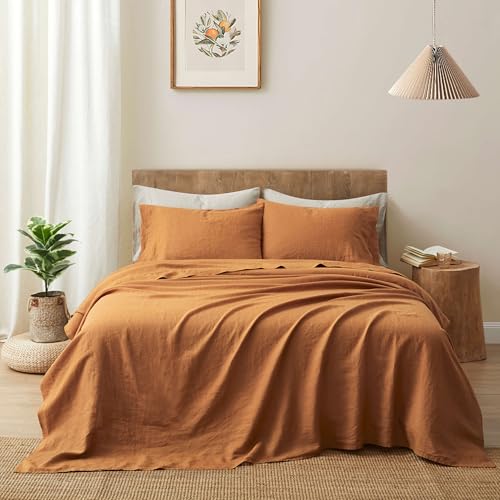 Image of ATLINIA 100% Pure Flax Linen Bedding Set - Stone Washed French Linen Fabric Deep Pocket Fitted Sheet Farmhouse Flat Sheet 2 Pillowcases (Rust, Full)