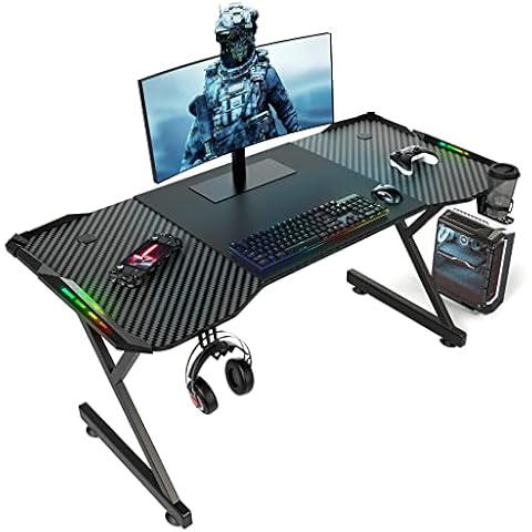 DLONGONE Gaming Desk with LED Lights, Home Office Gamer Desk, Ergonomic Computer Table with Large Carbon Fiber Desktop, 120 cm Office Workstation with Mouse Pad, Cup Holder & Headphone Hook, Black Cover