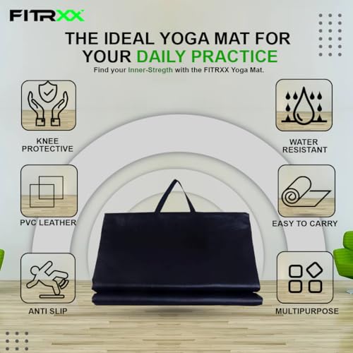 Image of Fitrxx Premium 10 mm PVC Leather Yoga Mat for Men & Women, Extra Thick Yoga Mat, Exercise Mat, Fitness & Meditation Mat, Anti-Slip, Lightweight, With Carrying Straps and Easy Storage (BLACK)