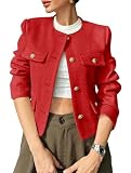 Cicy Bell Womens Cropped Tweed Blazers Jacket Collarless Button Down Business Casual Winter Coats 2026 Spring Outfits Red