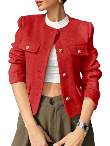 Image of Cicy Bell Womens Cropped Tweed Blazers Jacket Collarless Button Down Business Casual 2025 Fall Outfits Winter Coats Red