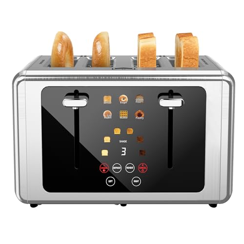 4 Slice Toaster, Touchscreen & Dual Independent Control Panel，5 Basic Functions & Digital Countdown Toasters, 6 Shade Settings＆6 Bread Types, Smart Bread Maker Mute/Screen-Off,Silver Silver
