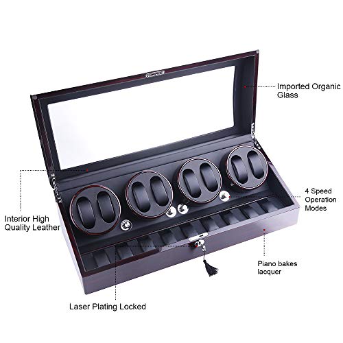 Watch Winder, Xtelary Luxury 4 Motor Quad Watch Winders For Automatic Watches Safe & Wooden Display Box Case 8+9 Storage (Ebony) #TOP1