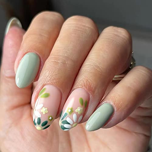 Almond False Nails Short, 24Pcs French Tips Fake Nails Green Floral Pattern, Glossy Press on Nails with Nail Glue Stickers, Oval Acrylic Stick on Nail for Women and Girls