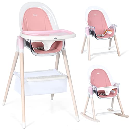 Image of INFANS 4 in 1 Wooden Baby High Chair, Rocking Chair/Booster Seat/Toddler Chair Infant Dining Chairs w/Double Removable Tray, 3-Point Seat Belt & Removable Cushion (Pink)