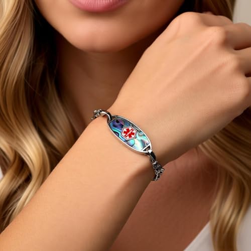 MAXZOOL Medical Alert Bracelets for Women, Custom Engraved Medical ID Bracelets for Women, Stainless Steel Medic Bracelet, 6.0-8.5 Inches Size Optional, Shells ID Tag, Interchangeable Chain Style 2 - Thumbnail 3