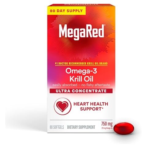MegaRed Antarctic Krill Oil 750mg, Omega 3 Fatty Acid Supplement, Ultra Concentrate EPA & DHA Softgels, Antioxidant Astaxanthin, Heart Health Supplement with No Fish Oil Aftertaste, 80ct Cover