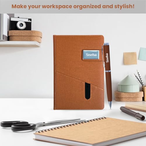 Image of Giftana Personalized Jute Diary with Pen Gift Set, 2 in 1 Customized Pen with Notebook Planner and Organiser Office A5 Diary, New Year Corporate Gifts for Employee (Brown)