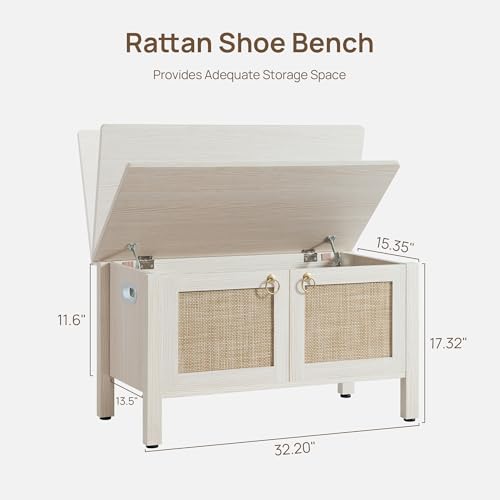 Image of SICOTAS Rattan Storage Bench Boho Storage Chest with 2 Safety Hinges | Wood Storage Truck Box for Bedroom, Living Room, Entryway, Supports 220 lb, White Oak