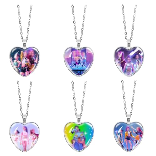 JUNERUN 6 Pièces Collier Demon Huntrs, Huntrs Pendentif en Verre, pour Fans Accessoire Cosplay Fille Anniversaire Fête Merch (A)